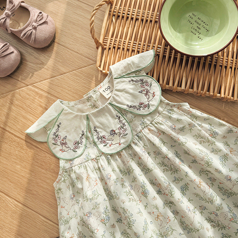 （In Production）Girls Spring&Summer Goose Embroidery Petal Collar Dress