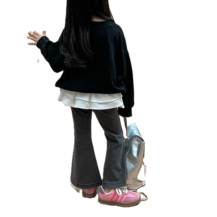 （In Production）Girls Fall&Winter Bow Applique Sweatshirt Skirt Jeans 3 pcs