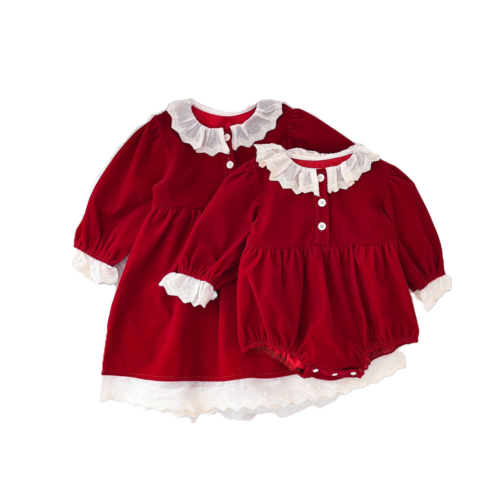 （In Production）Sisters Christmas Red Velvet Ruffle Dress&Romper