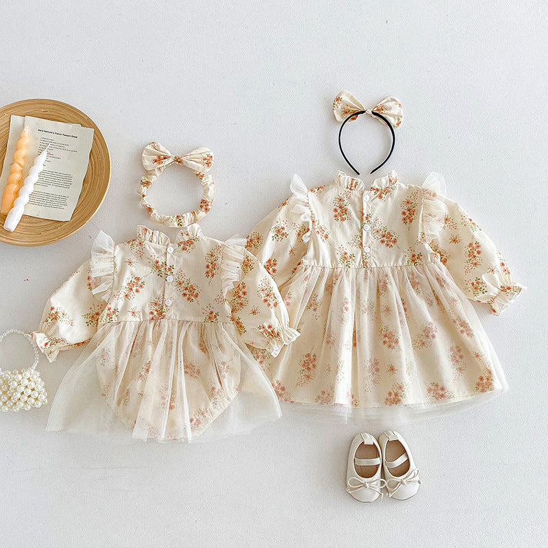 （In Production）Sisters Fall Floral Print Lace Ruffle Dress&Romper