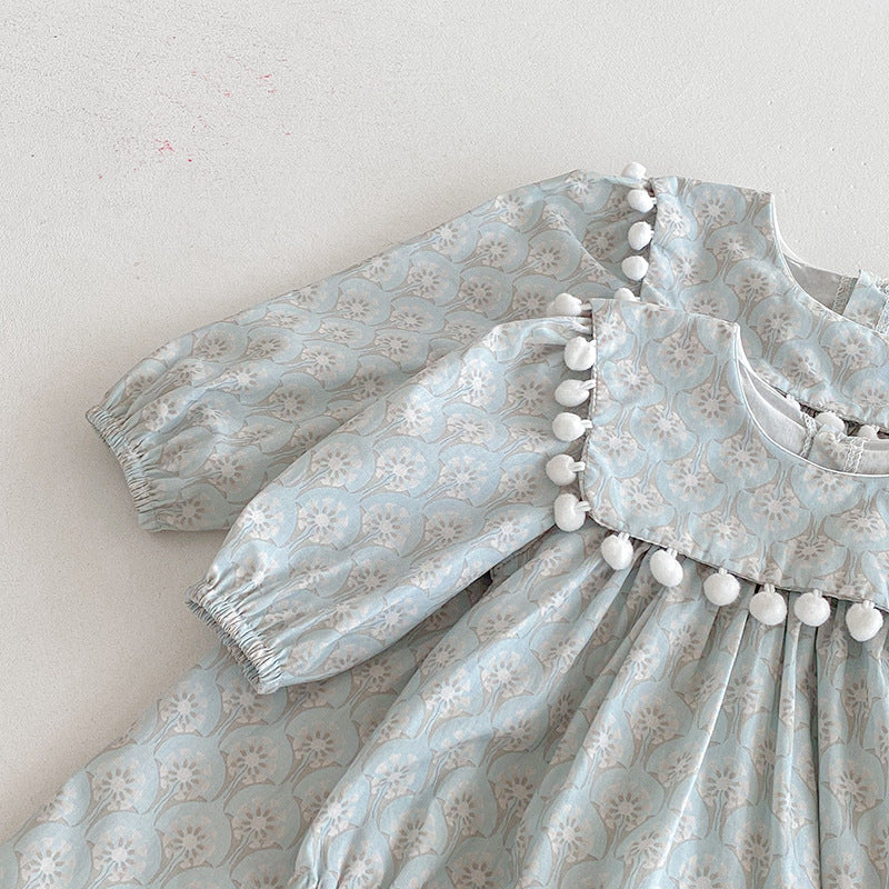 （Pre Order 2 Weeks）Sisters Fall Vintage Blue Print Pom Pom Collar Dress&Romper
