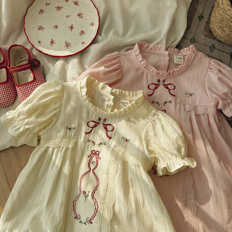 （In Production）Girls Spring&Summer Strawberry Embroidery Ruffle Dress
