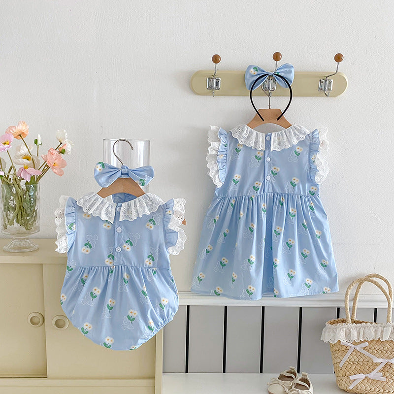（In Production）Sisters Spring&Summer Floral Print Lace Ruffle Dress,Romper