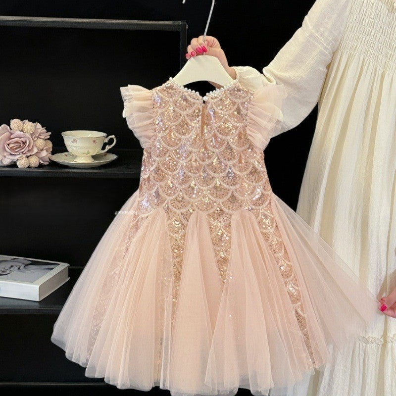 （In Production）Girls Spring&Summer Mermaid Sequin Tulle Dress with Veil