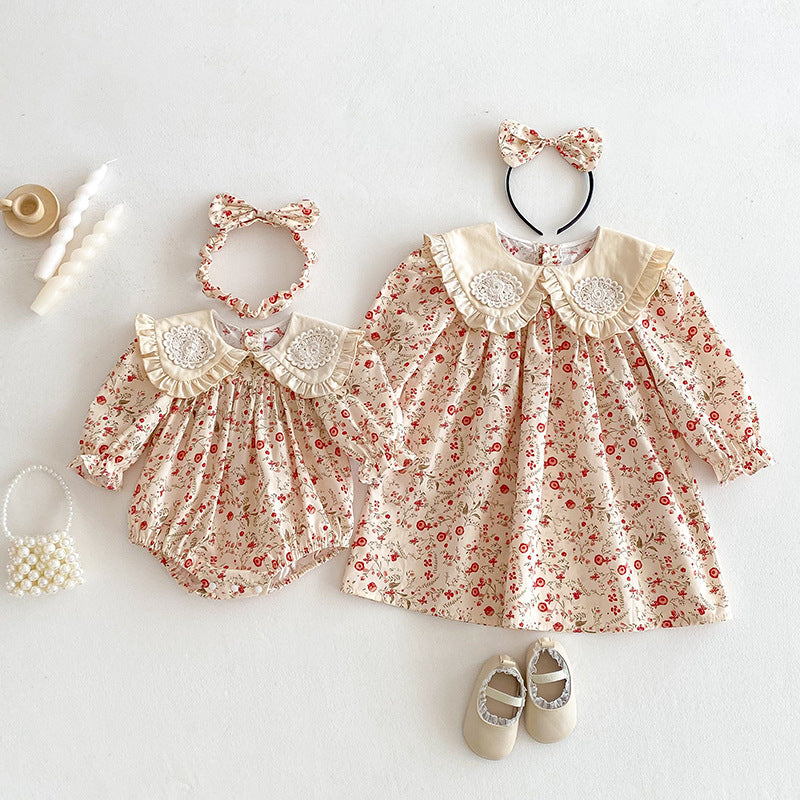（In Production）Sisters Fall Floral Print Ruffle Dress&Romper