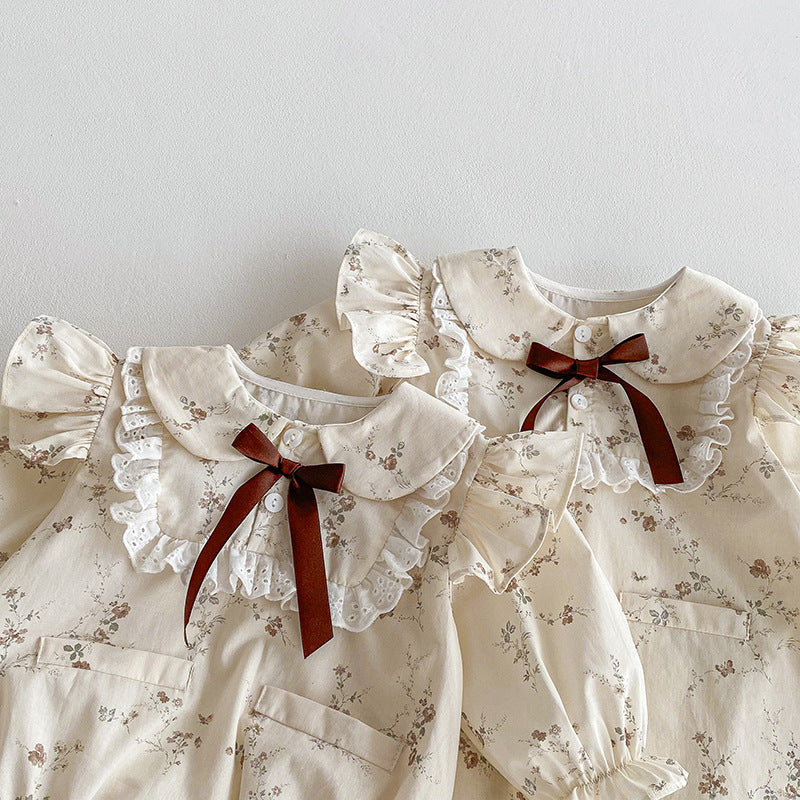 （In Production）Sisters Fall Floral Print Bow Ruffle Dress&Romper
