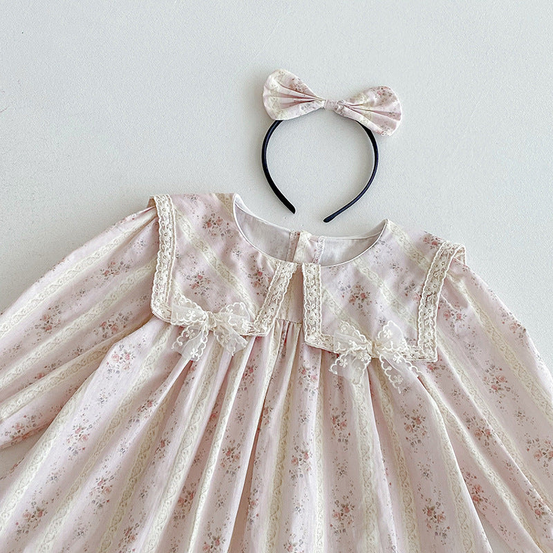 （In Production）Sisters Fall Floral Print Lace Bow Ruffle Dress&Romper
