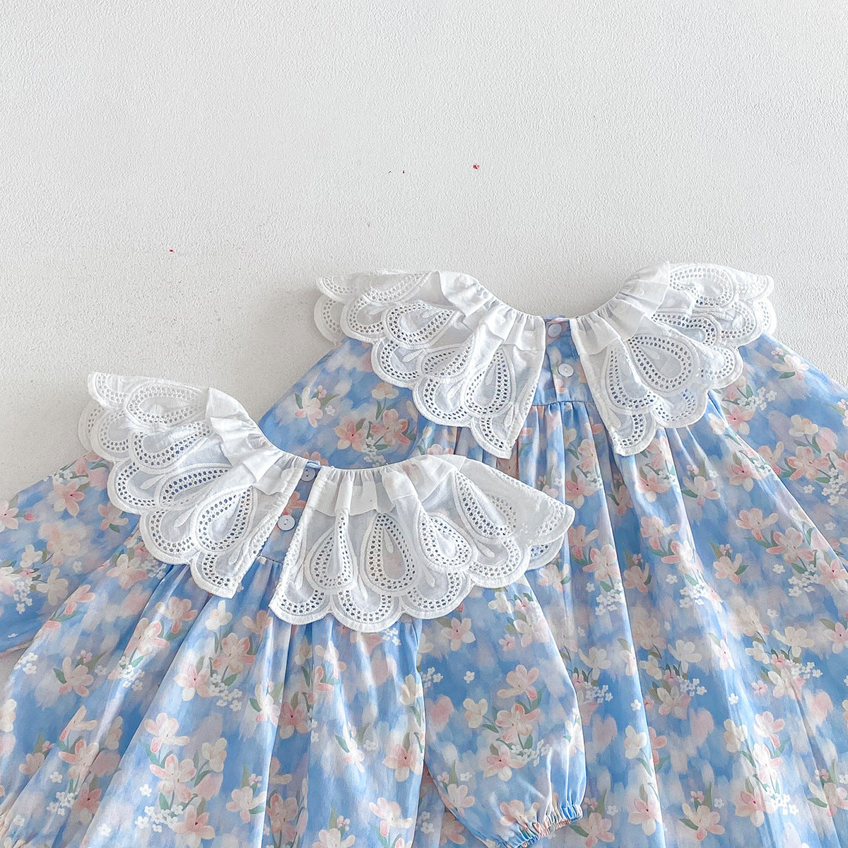 （Pre Order 2 Weeks）Sisters Fall Blue Floral Print Ruffle Collar Dress&Romper