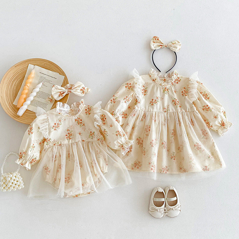（In Production）Sisters Fall Floral Print Lace Ruffle Dress&Romper