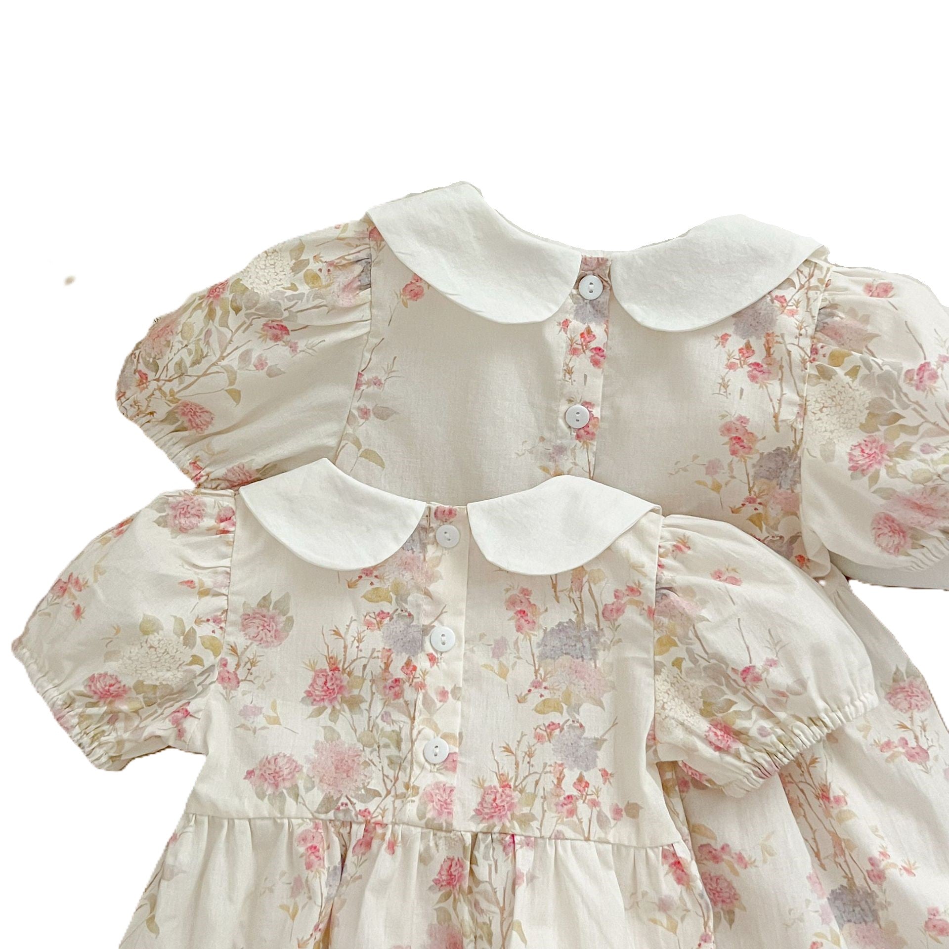 （In Production）Sisters Spring&Summer Floral Print Doll Collar Smocked Dress,Romper