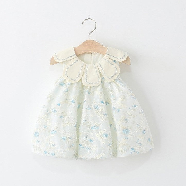 （In Production）Girls Spring&Summer Floral Embroidery Petal Collar Dress