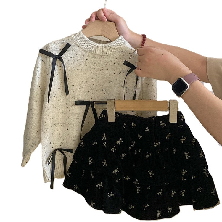 （In Production）Girls Fall&Winter Bow Sweater Skirt Set
