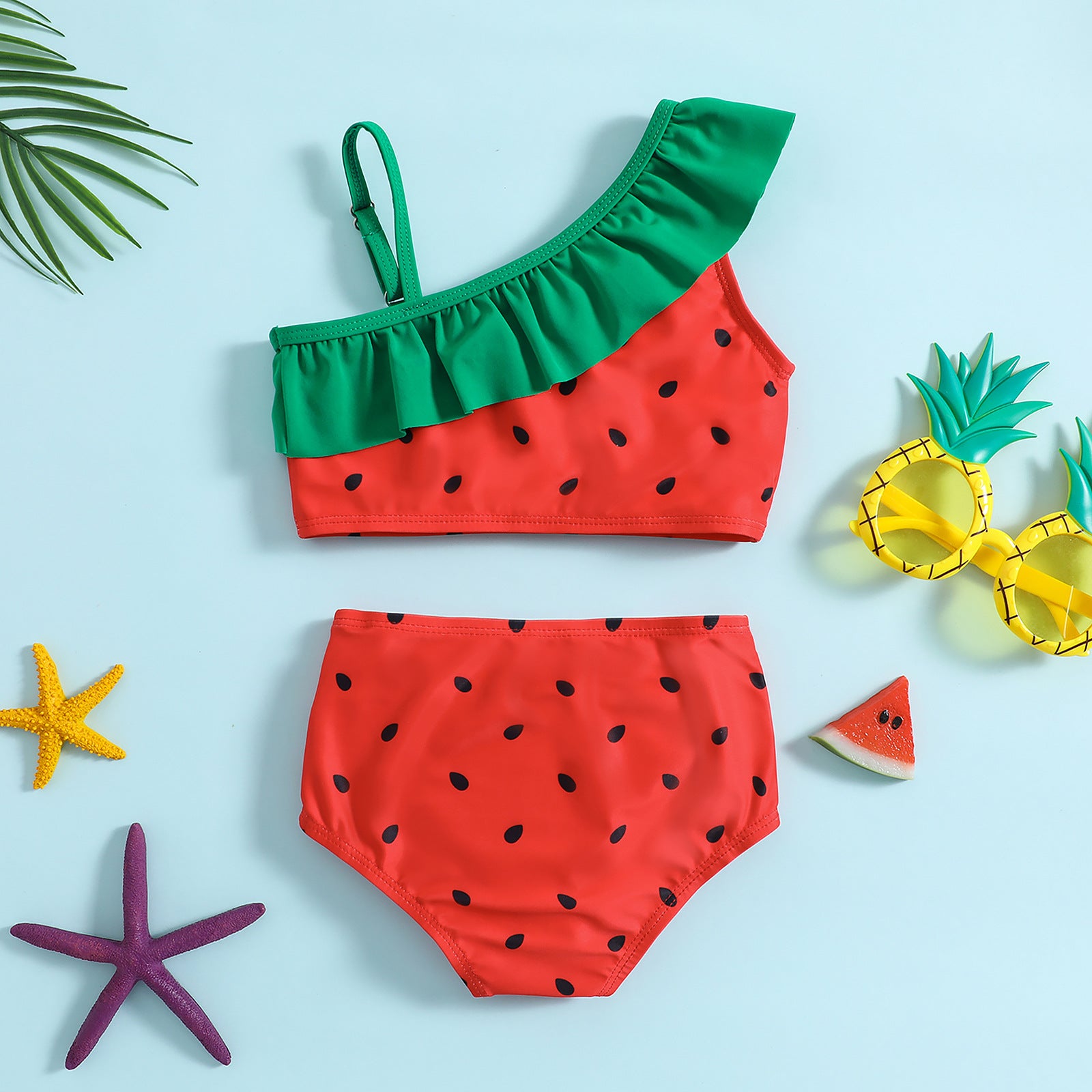 （In Production）Girls Summer Watermelon&Pineapple Print Swim Set