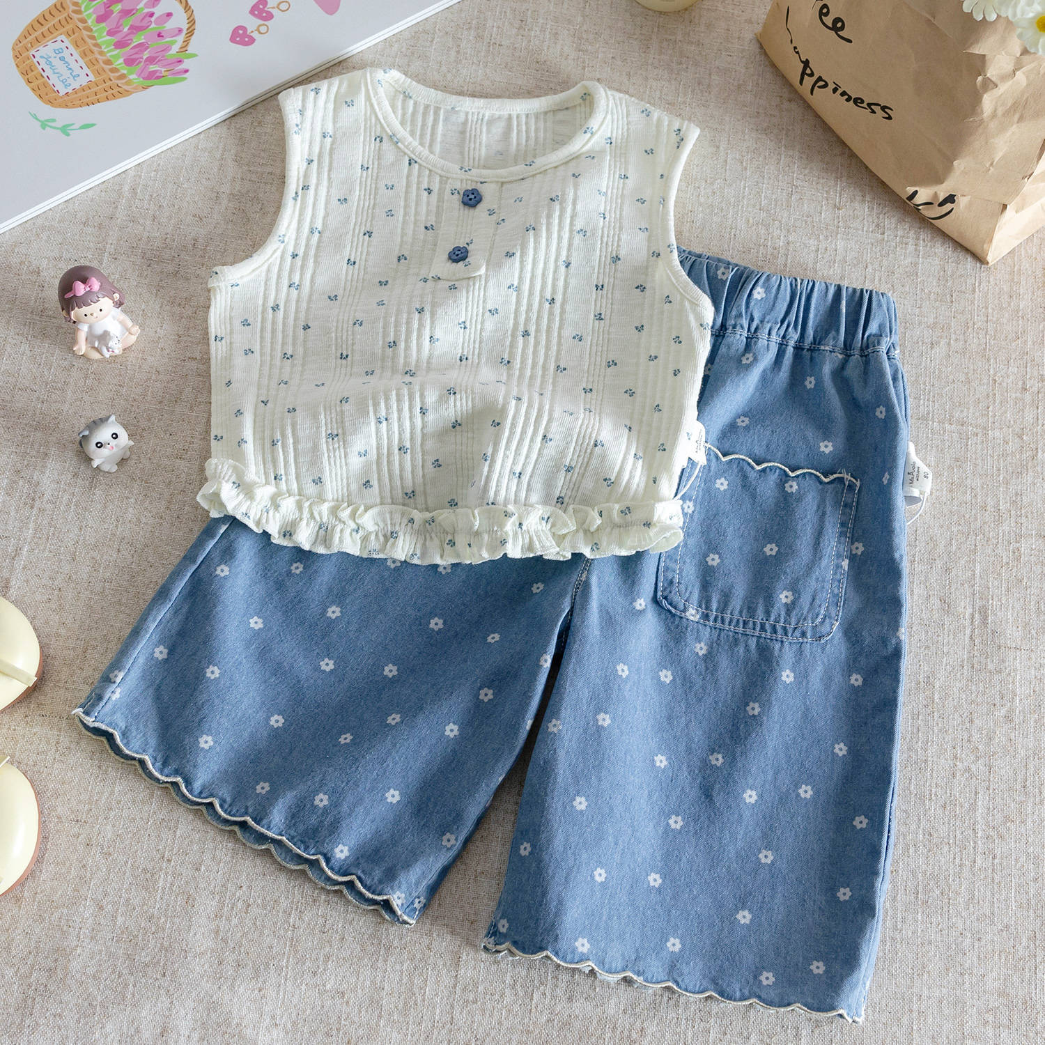 （In Production）Girls Spring&Summer Floral Print Denim Set