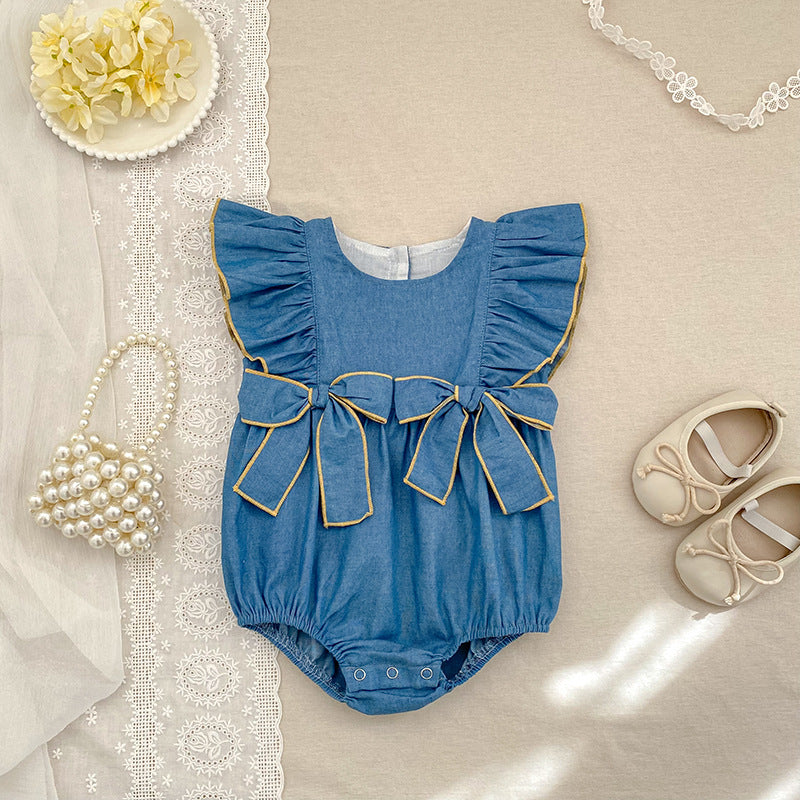 （In Production）Sisters Spring&Summer Bow Denim Ruffle Dress,Romper