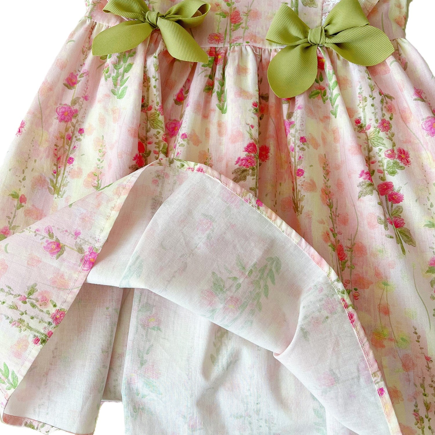 （Pre Order）Girls Spring and Summer Floral Print Green Bow Dress
