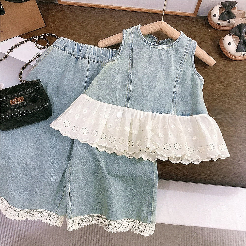 （In Production）Girls Spring&Summer Denim Lace Ruffle Outfit Set