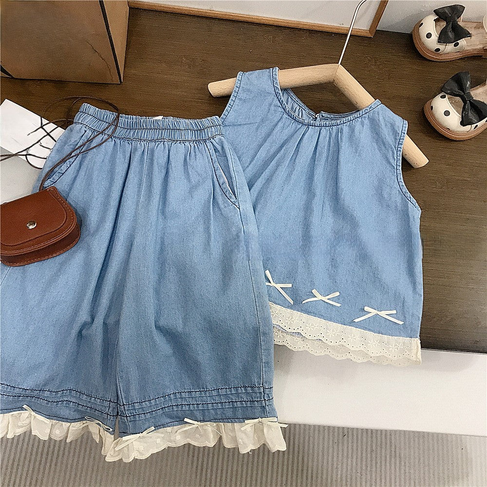 （In Production）Girls Spring&Summer Lace Ruffle Denim Outfit Set