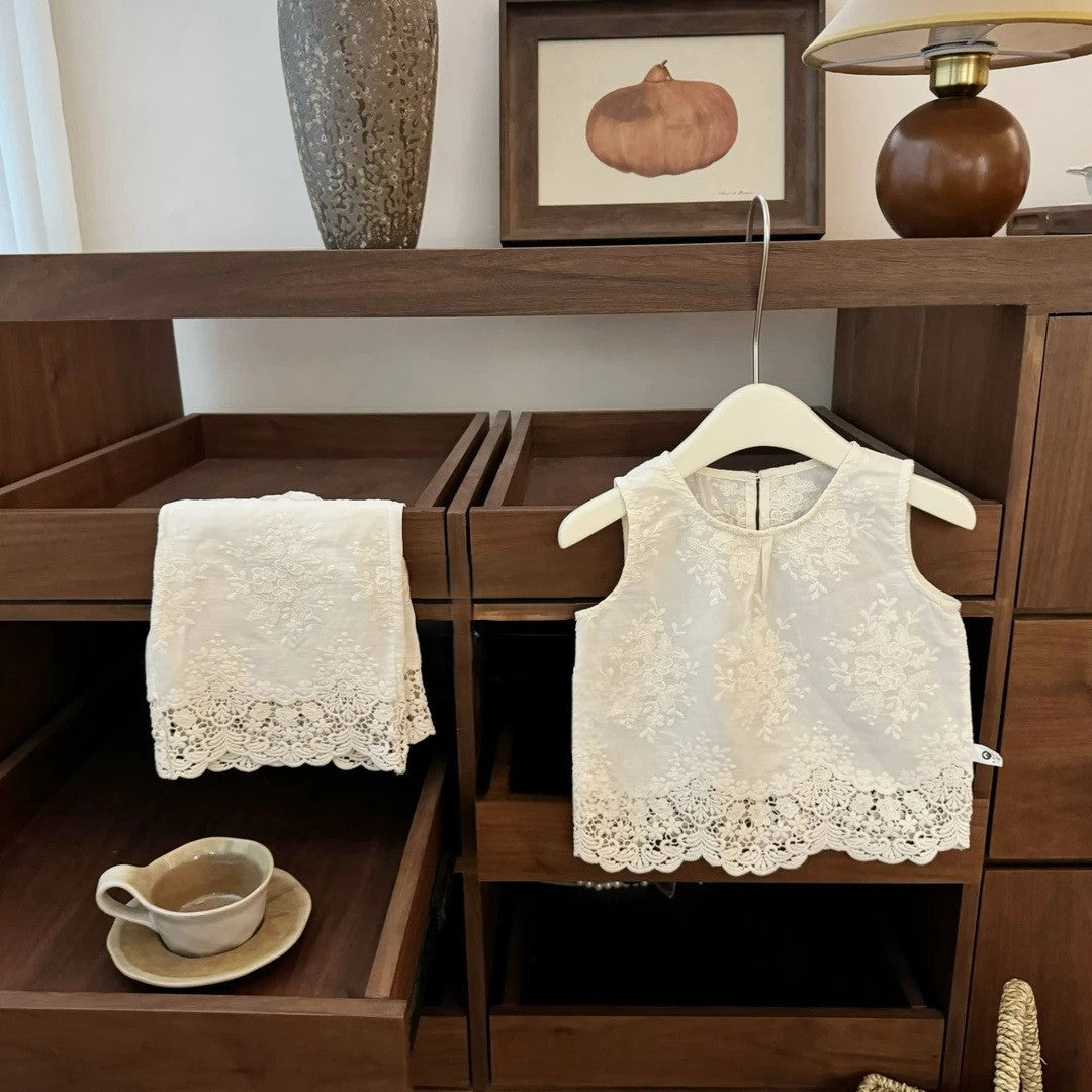 （In Production）Girls Spring&Summer Lace Embroidery Outfit Set