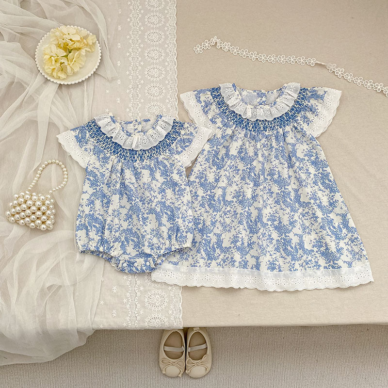 （In Production）Sisters Spring&Summer Floral Print Lace Dress,Romper