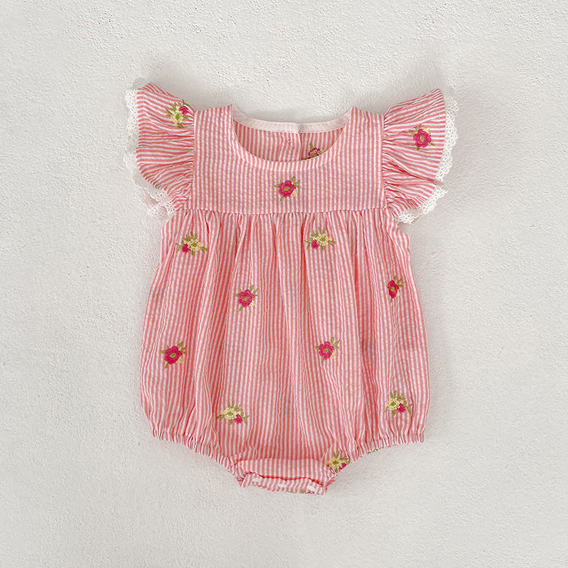 （In Production）Sisters Summer Floral Embroidery Flying Sleeves Dress&Romper