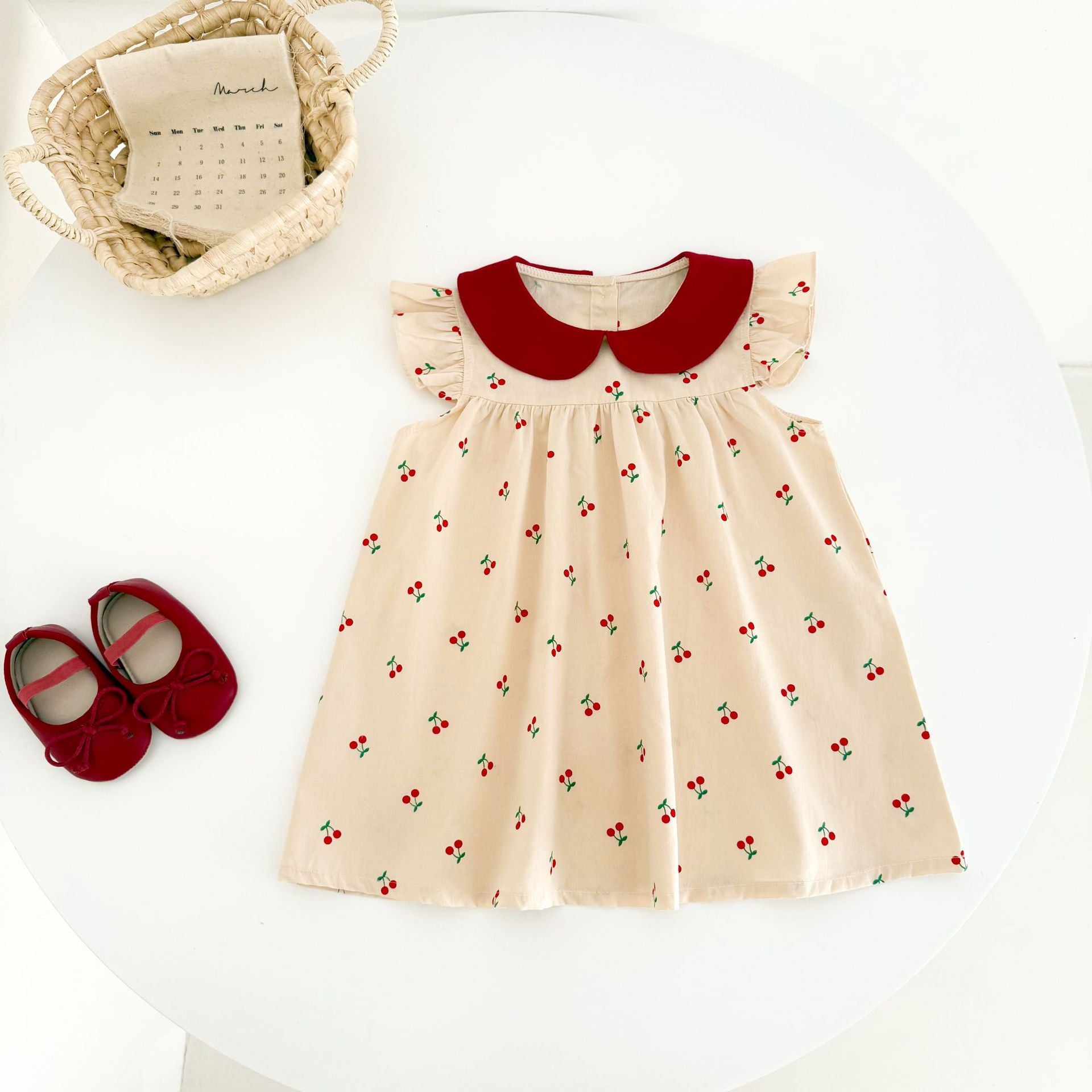 （In Production）Girls Spring&Summer Cherry Print Flying Sleeves Dress