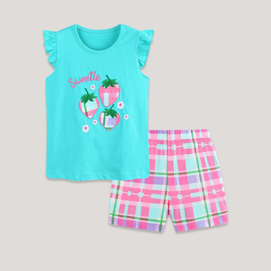 （In Production）Girls Spring&Summer Strawberry Applique Cotton Shorts Set