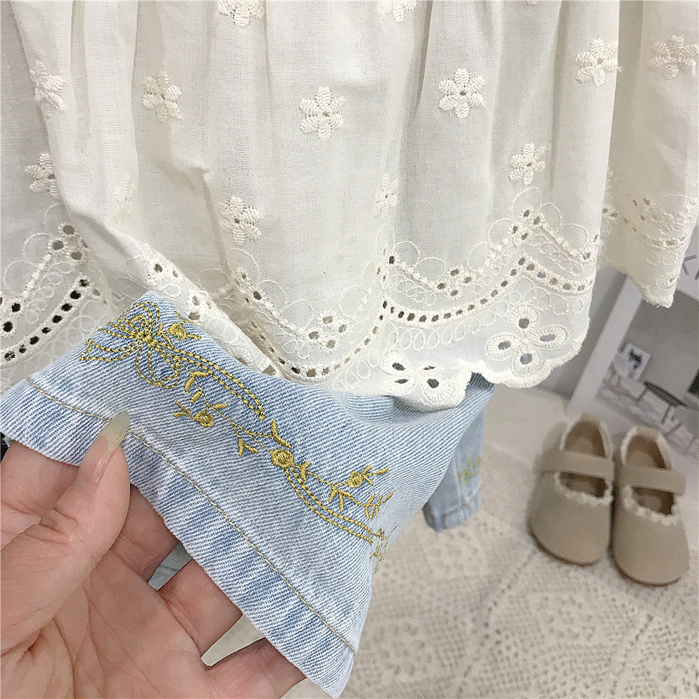 （In Production）Girls Spring&Summer Denim Lace Ruffle Embroidery Outfit Set