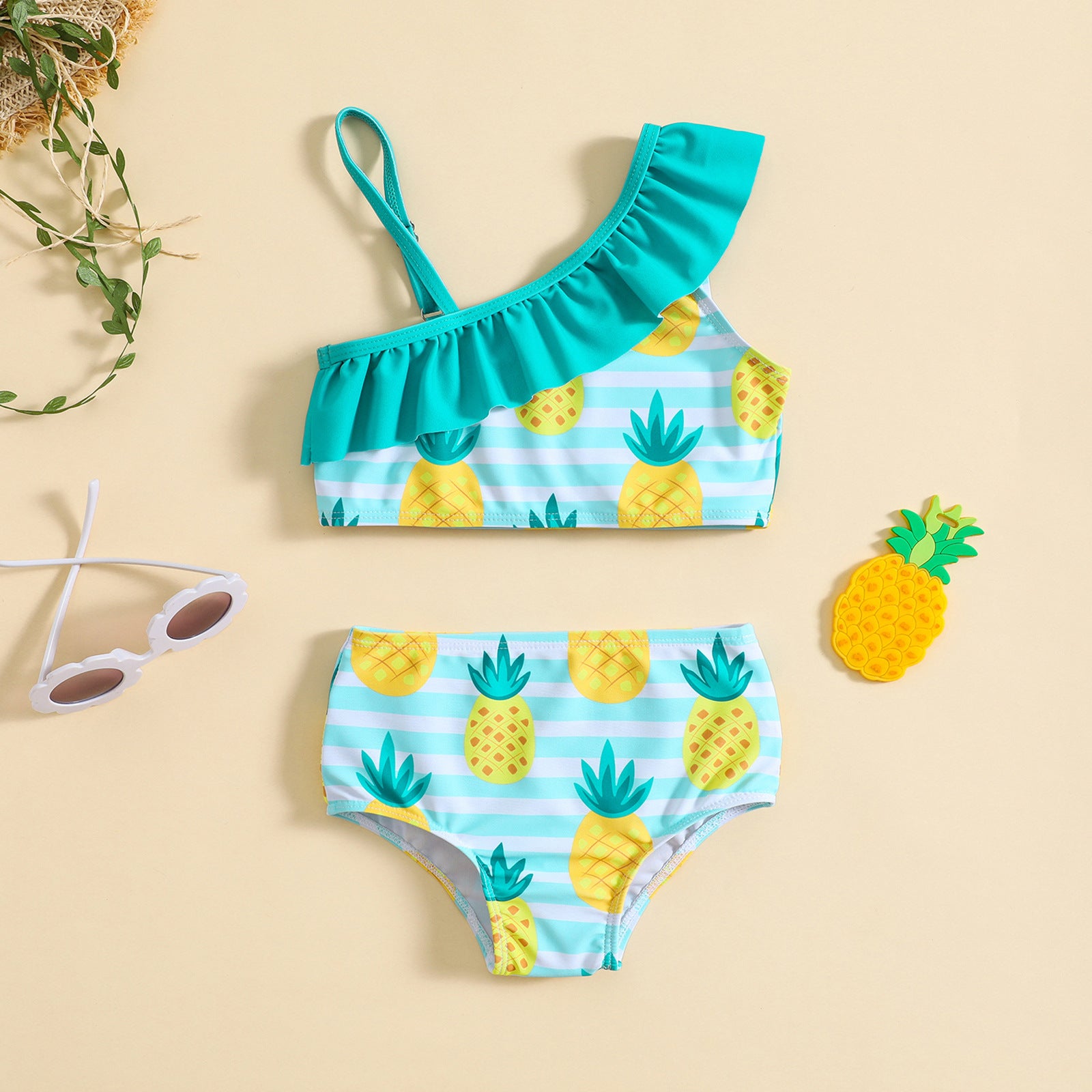（In Production）Girls Summer Watermelon&Pineapple Print Swim Set
