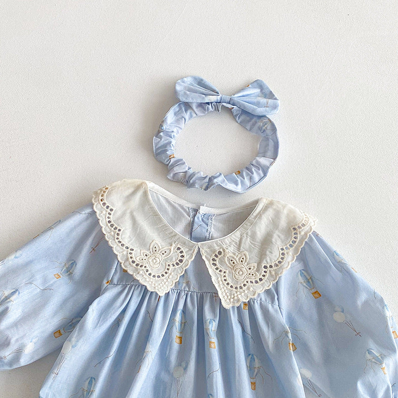 （In Production）Sisters Fall Print Lace Baby Collar Dress&Romper