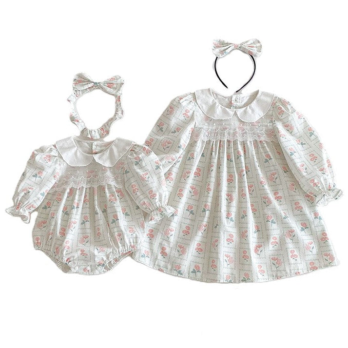（In Production）Sisters Baby Collar Floral Print Dress&Romper