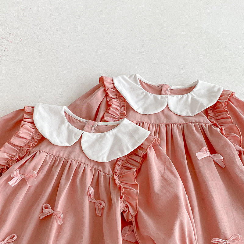 （In Production）Sisters Spring Pink Bow Doll Collar Dress&Romper