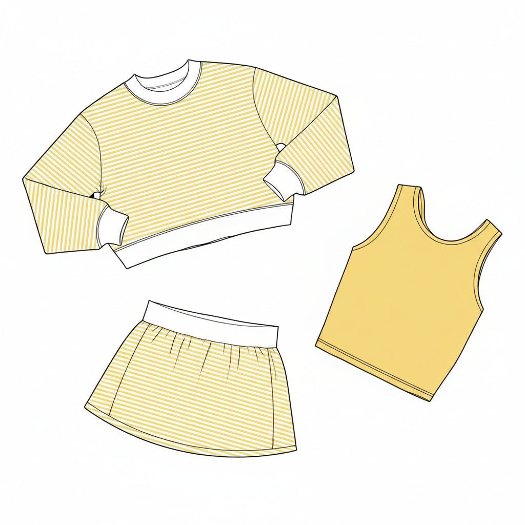 （In Production）Girls Spring&Summer Stripe Yoga Skirt Set-3 PCS