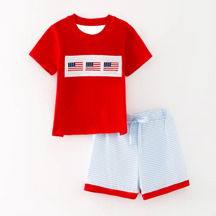 （Pre Order,Prepack Zone）Family Patriotic Embroidery Smocked Dress,Set&Romper（Mix Size）