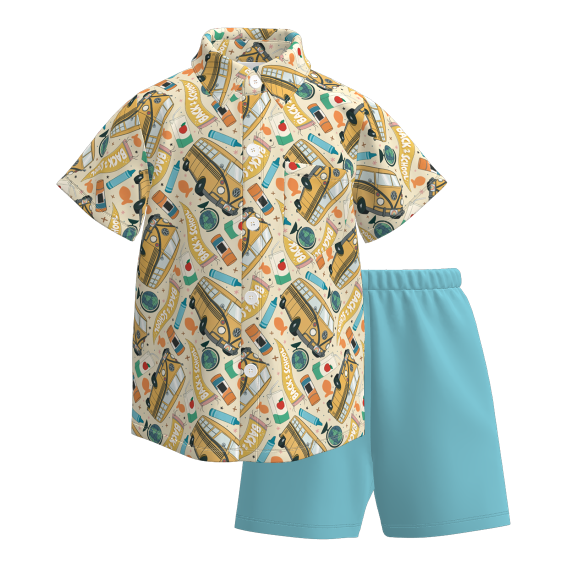（Pre Order）Boys Summer Back To School Print Four-way Stretch Shirt Set