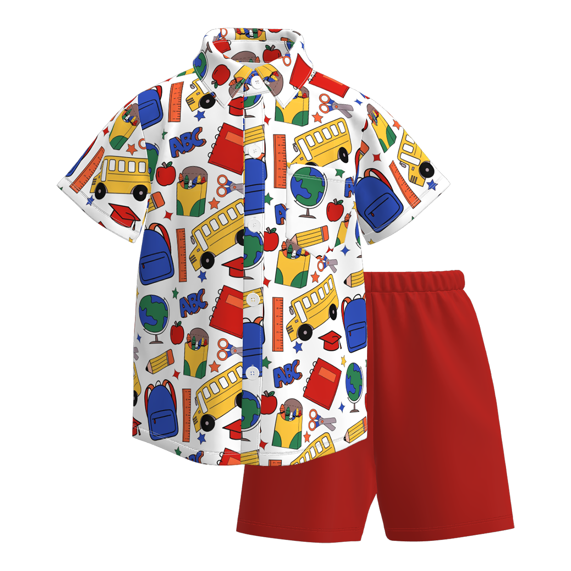 （Pre Order）Boys Summer Back To School Print Four-way Stretch Shirt Set