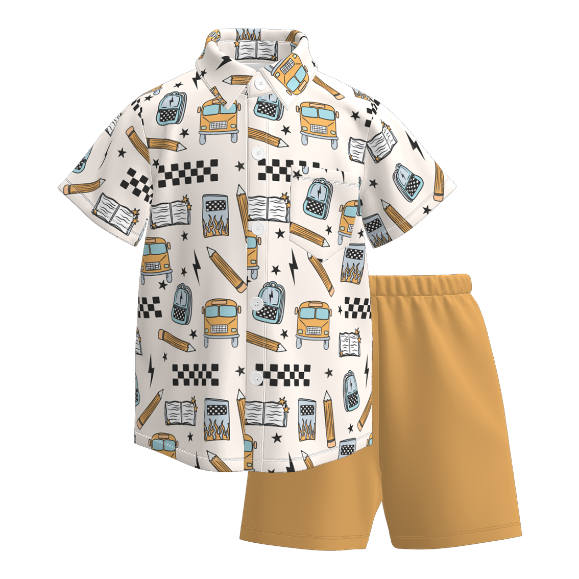 （Pre Order）Boys Summer Back To School Print Four-way Stretch Shirt Set
