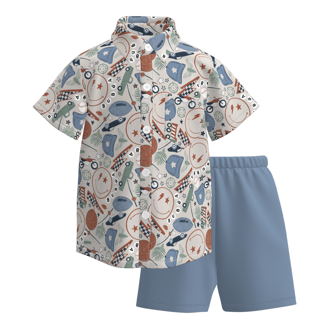 （Pre Order）Boys Summer Back To School Print Four-way Stretch Shirt Set