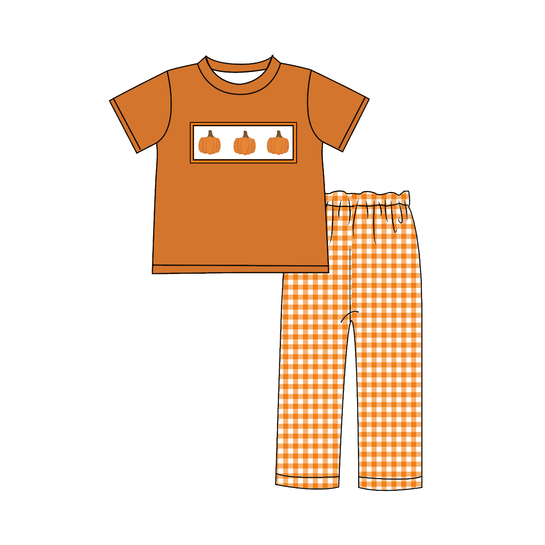 （Pre Order）Sibling Halloween Pumpkin Embroidery Smocked Dress,Romper＆Set