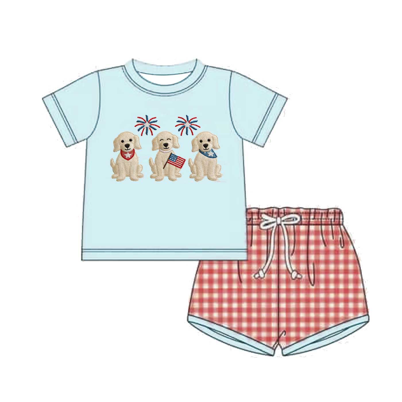 （Pre Order）Siblings Patriotic Puppy Embroidery Shorts Set&Romper