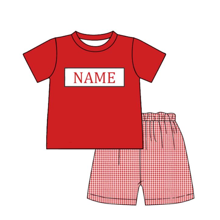 （Pre Order）Siblings Spring&Summer Red Plaid Embroidery Smocked Dress,Set&Romper-Customized name