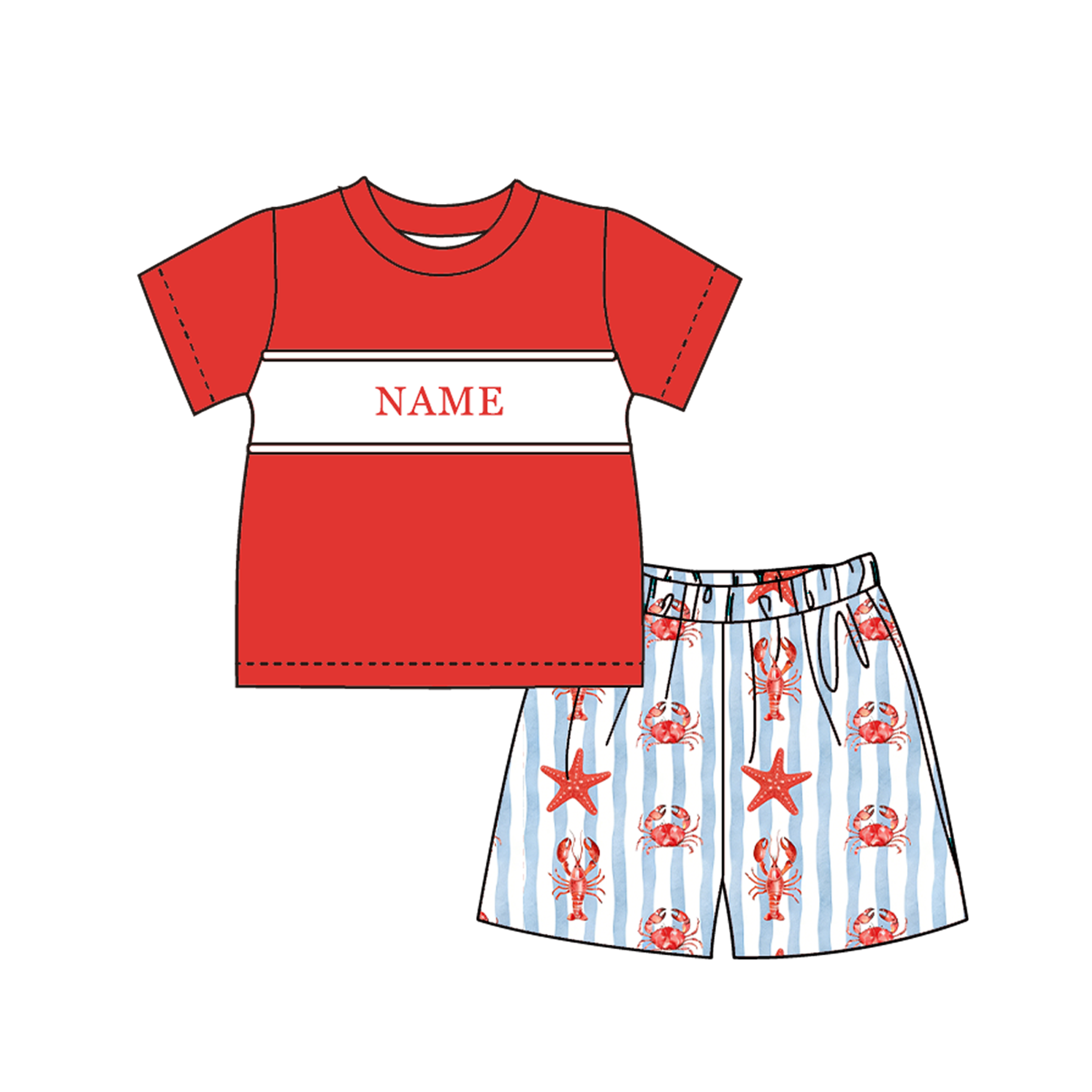 （Pre Order）Siblings Summer Lobster&Crab Embroidery Smocked Dress,Set&Romper-Customized name
