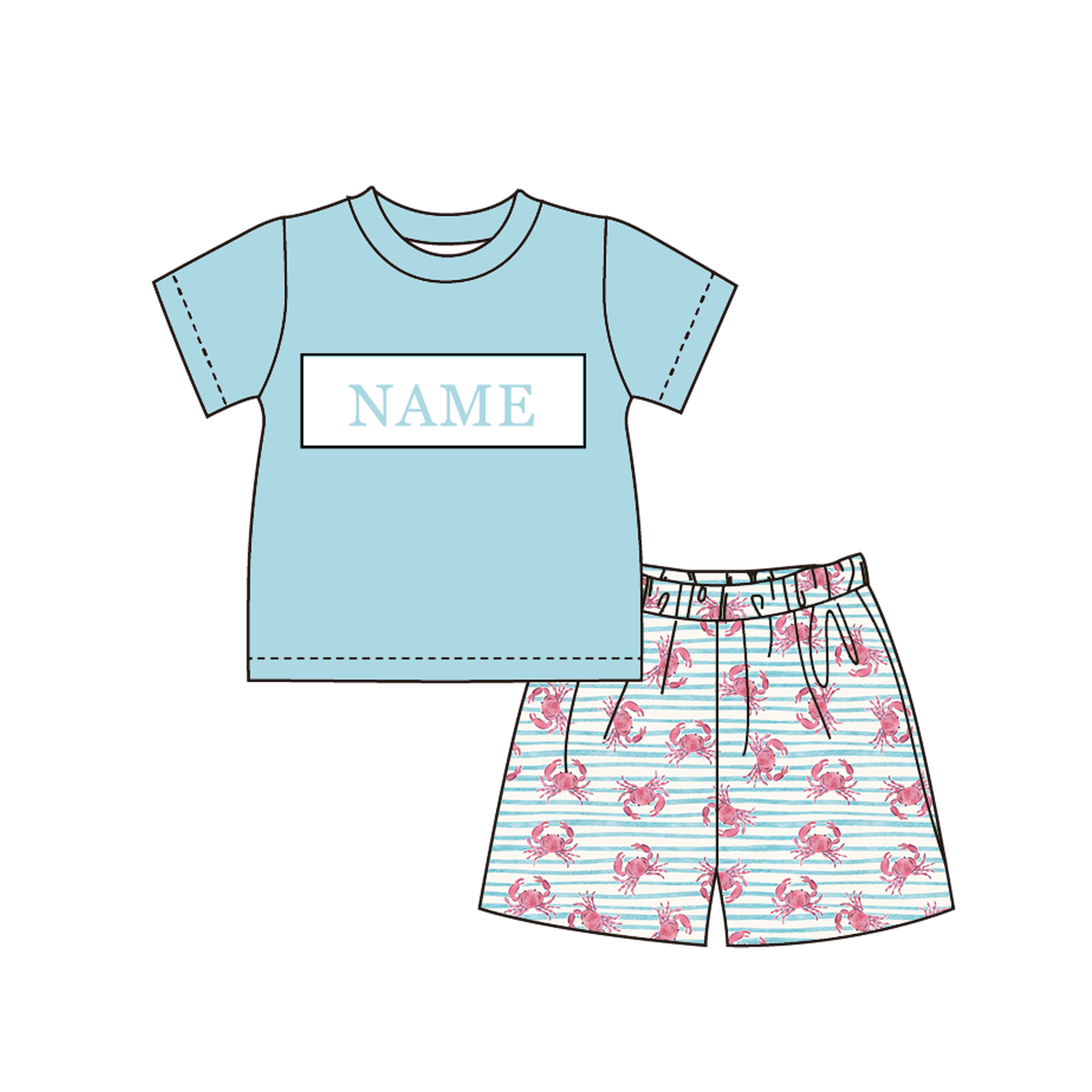 （Pre Order）Siblings Summer Crab Embroidery Smocked Dress,Set&Romper-Customized name