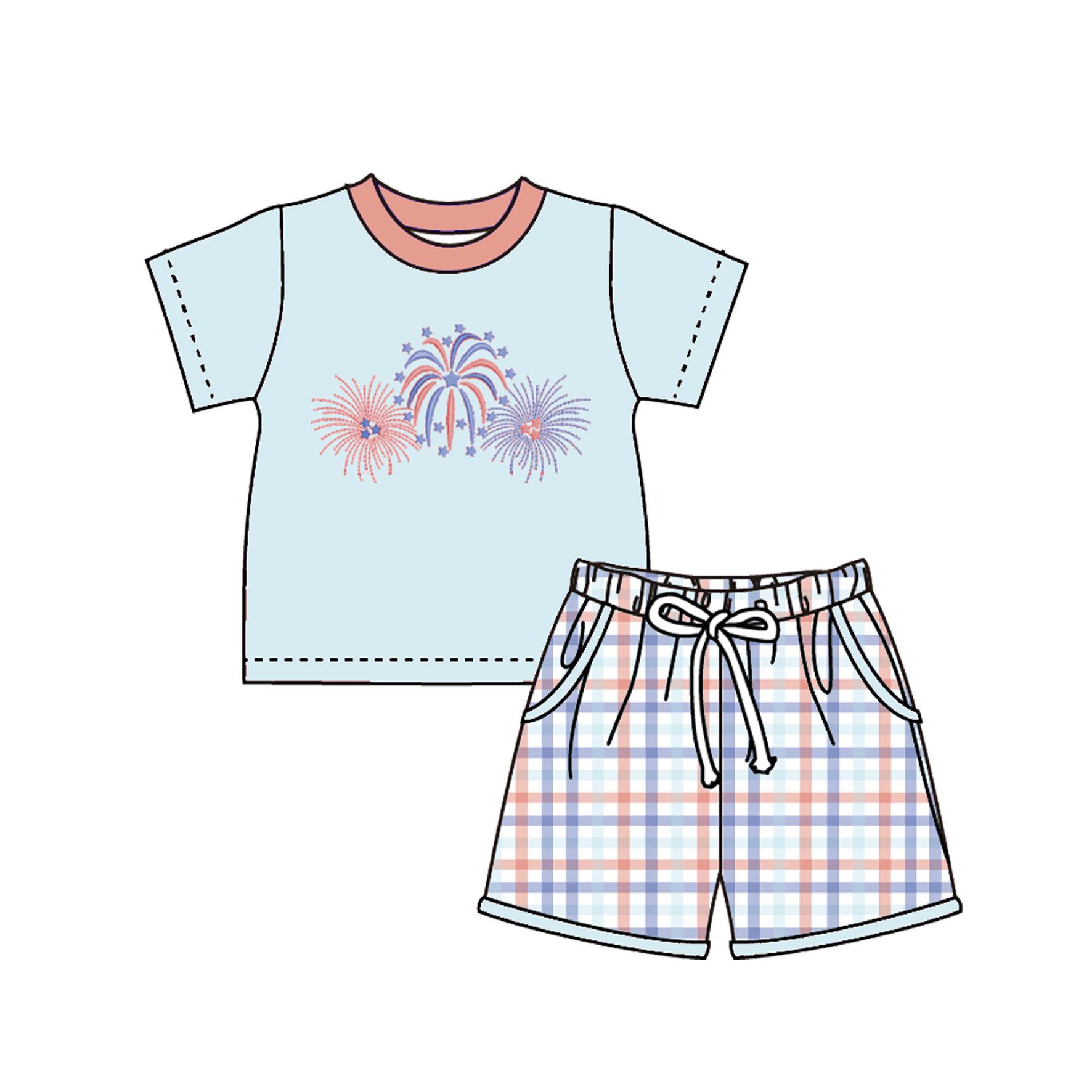 （Pre Order）Siblings Patriotic Firework Embroidery Smocked Set&Romper