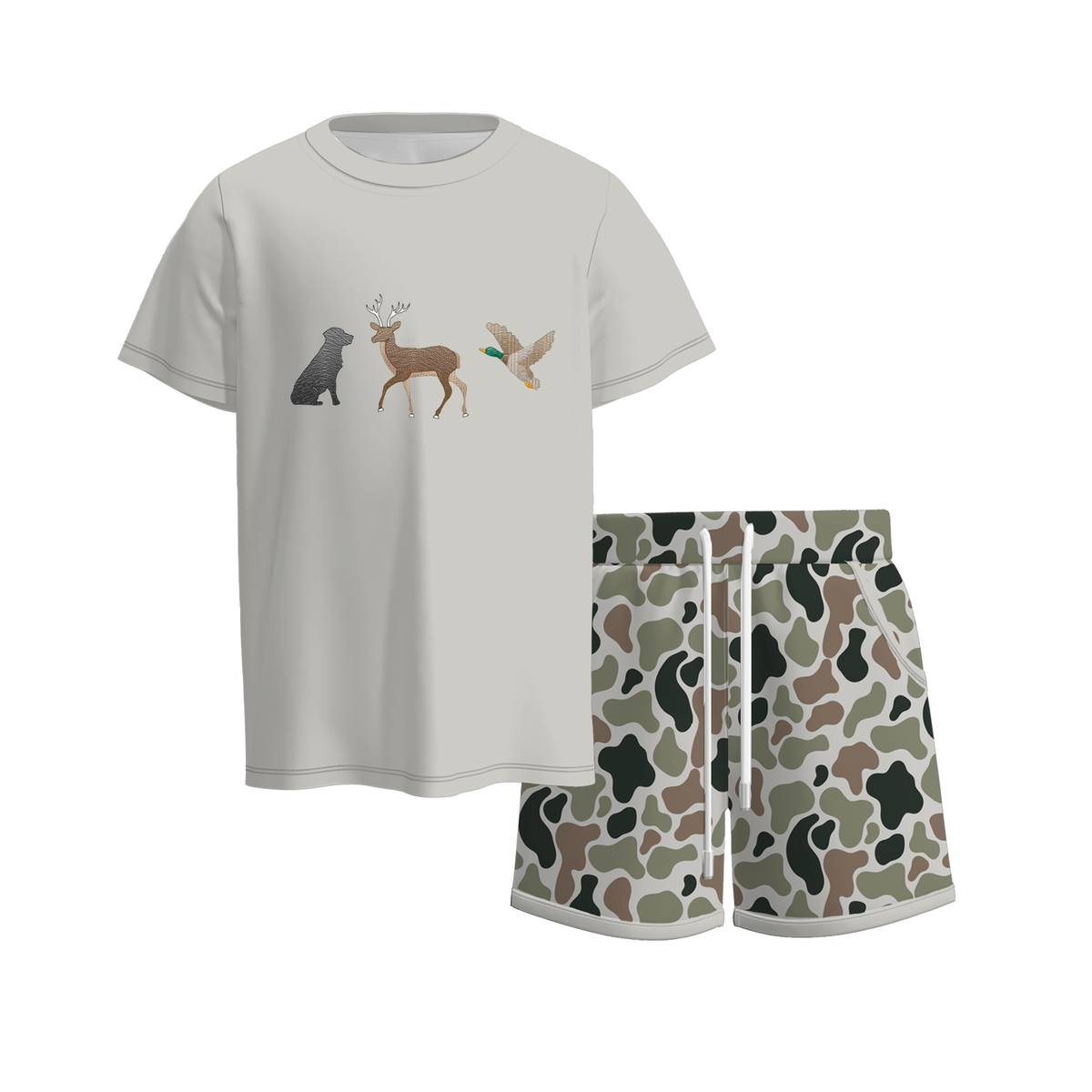 Flat lay of a gray short-sleeve tee with dog, deer, and duck graphics beside camo drawstring shorts