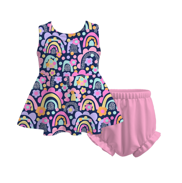 (Pre Order)Baby Girls Rainbow Birthday Floral Print Shorts Set