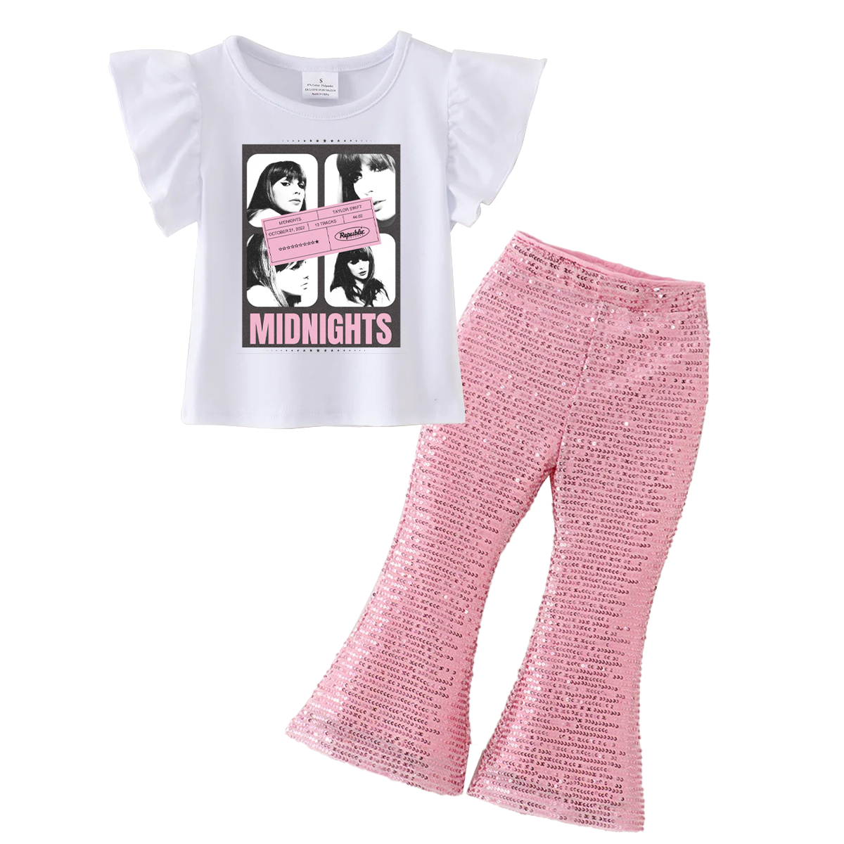 （Pre Order）Girls Cotton Print Top Pink Sequins Flare Pant Set