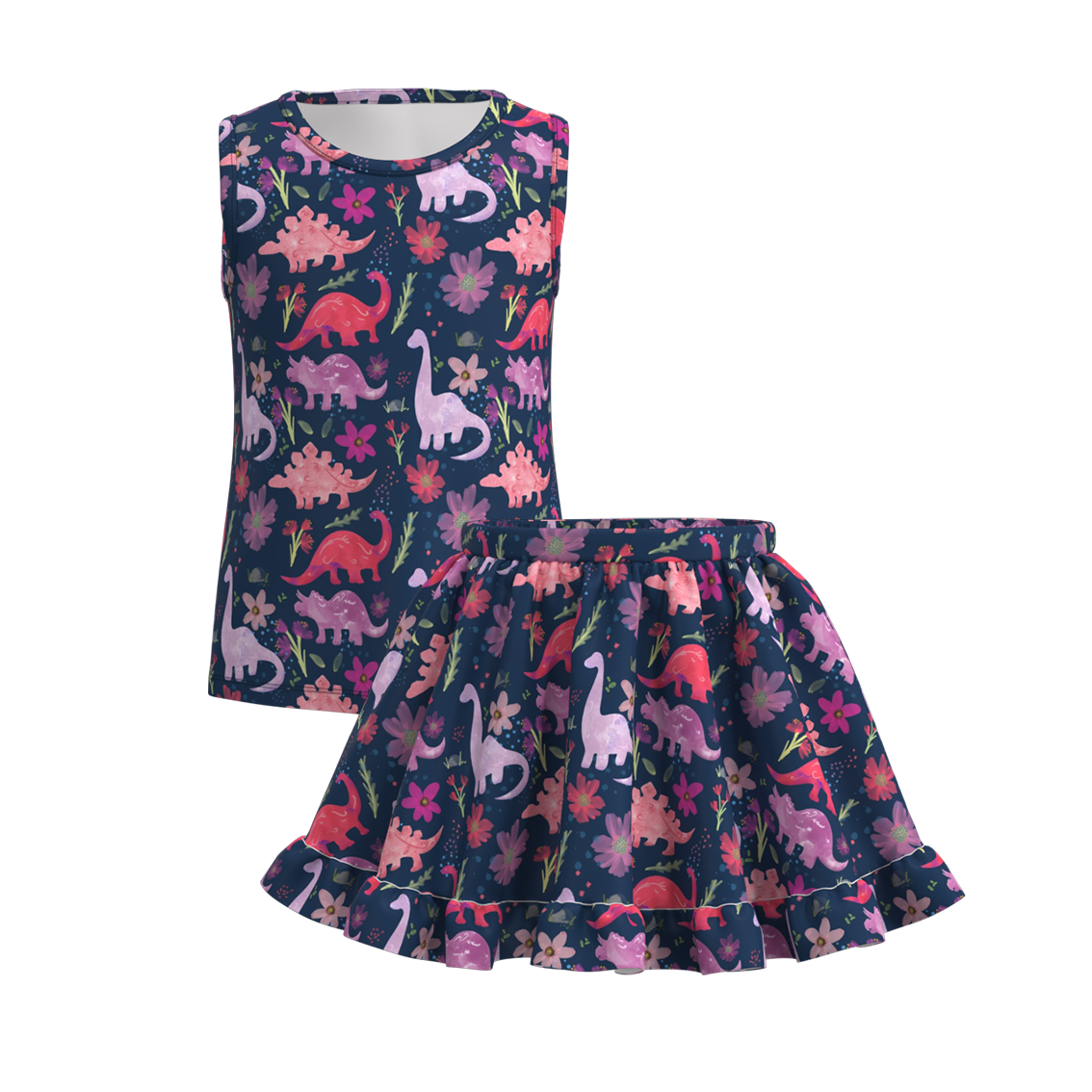 （Pre Order）Girls Summer Dinosaurs Print Skirt Set
