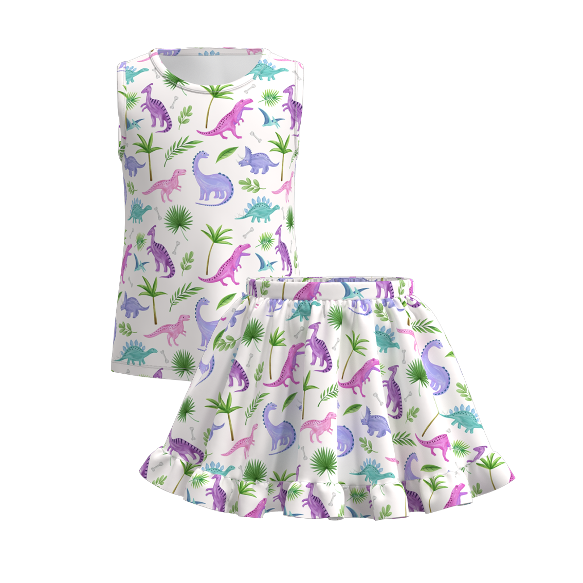 （Pre Order）Girls Summer Dinosaurs Print Skirt Set