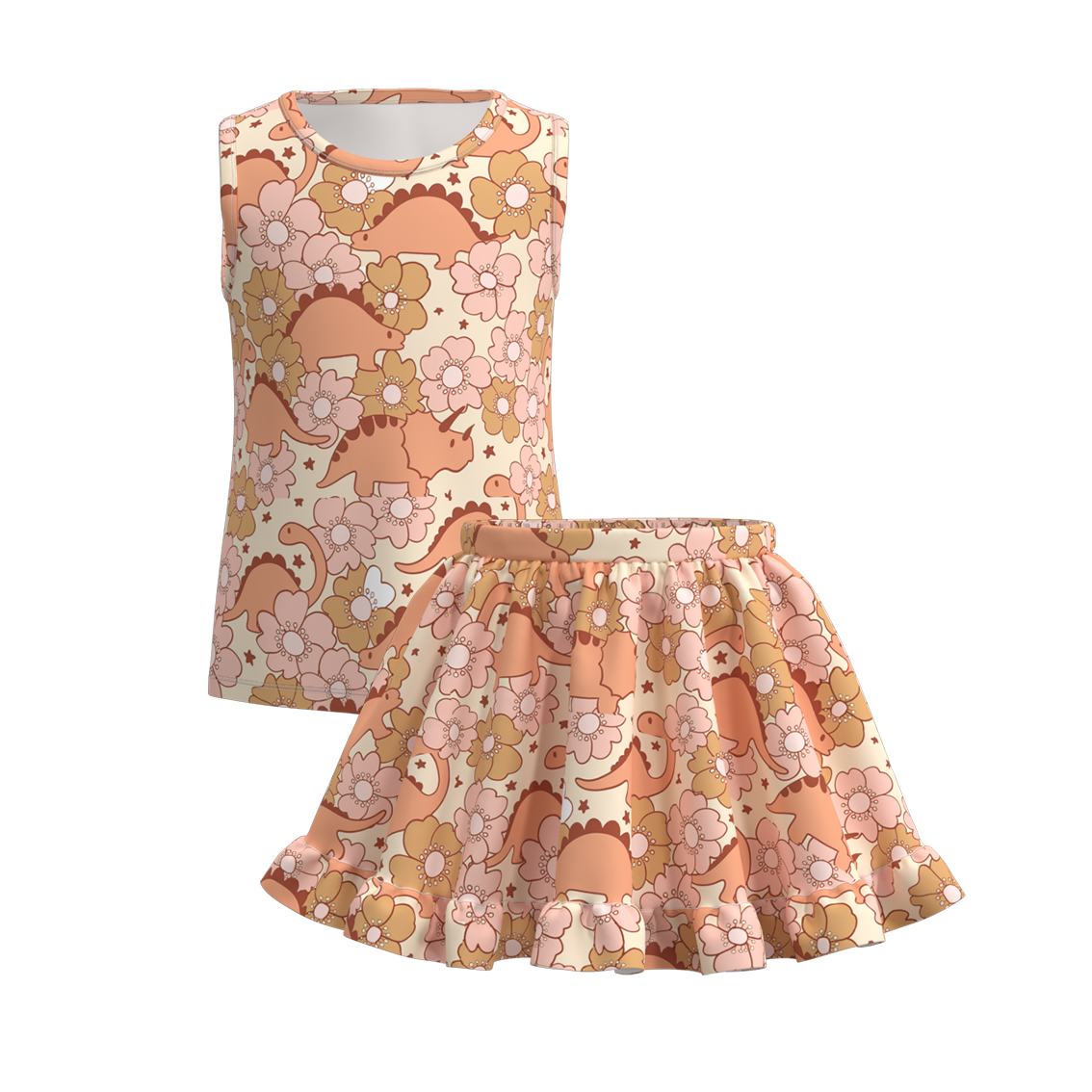 （Pre Order）Girls Summer Dinosaurs Print Skirt Set